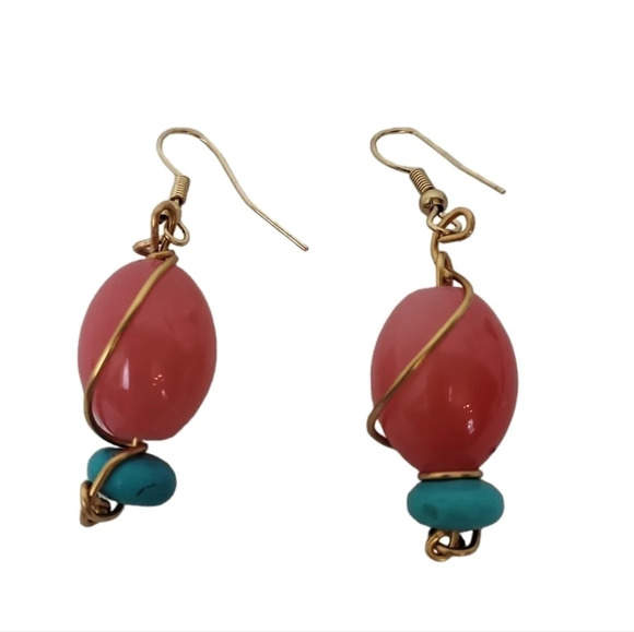Handcrafted Cooper Turquoise Glass Wrapped Earrings - Picture 1 of 2